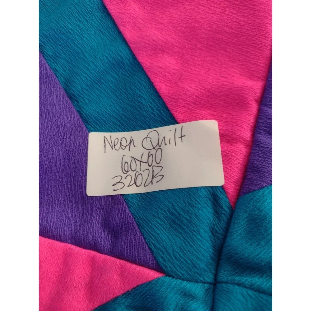 Vtg Neon 70s Cutter Quilt Blanket Handmade Solid Pink Purple Turquoise 60x60